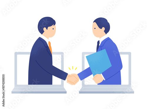 オンライン商談と電子契約の成立。パソコン画面越しに握手するビジネスパーソン。