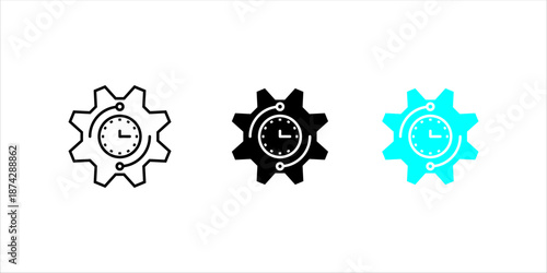 Line icon illustration of a gear combined with a clock, symbolizing time management, productivity, workflow efficiency, and process optimization.