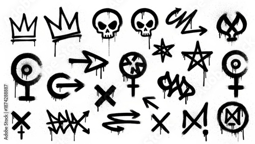 Urban Graffiti Symbols Vector Illustration Sheet in Black Ink Grunge Punk Street Art Style