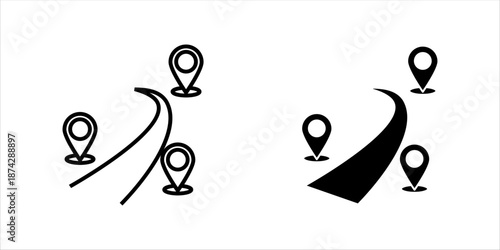 Minimal line icon of a curved road with location pins, symbolizing navigation, travel route, logistics, mapping, and direction concepts.