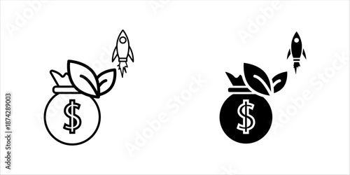 Line icon of a money bag with leaves and a rocket, representing financial growth, sustainable investment, profit increase, and business acceleration.