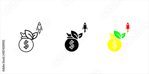 Line icon of a money bag with leaves and a rocket, representing financial growth, sustainable investment, profit increase, and business acceleration.
