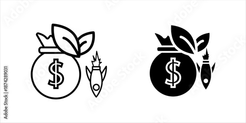 Minimal line icon depicting a money bag with leaves and a rocket launch, symbolizing investment growth, financial success, and rapid business expansion.