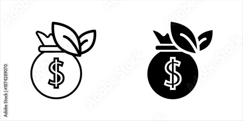 Outline icon of a money bag with leaf, representing sustainable finance, green investment, eco business, and ethical profit concepts.