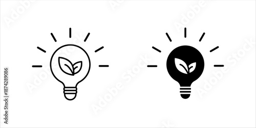 Minimal outline icon of a light bulb with leaf inside, symbolizing eco-friendly ideas, green energy, sustainability, and environmental innovation.