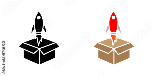 Minimal outline icon of a rocket launching from a box, symbolizing startup launch, innovation, new product, creativity, and business growth.