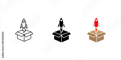 Minimal outline icon of a rocket launching from a box, symbolizing startup launch, innovation, new product, creativity, and business growth.