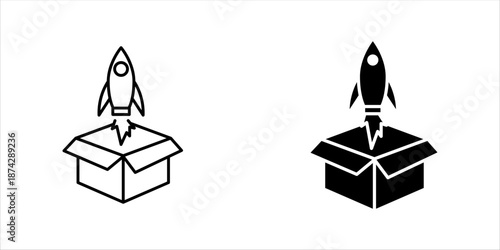 Minimal outline icon of a rocket launching from a box, symbolizing startup launch, innovation, new product, creativity, and business growth.