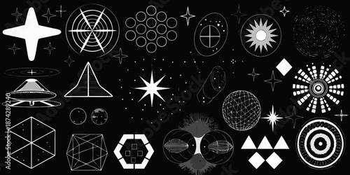 Abstract celestial patterns a collection of white shapes on a black background