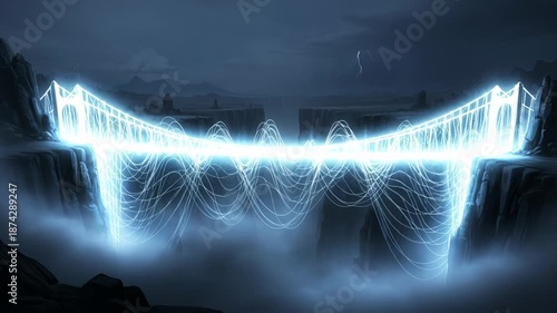 Futuristic Energy Bridge Connecting Cliffs Under Stormy Sky with Lightning