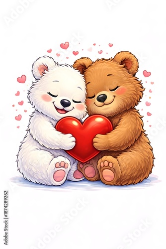 Zwei niedliche Cartoon-Bären halten ein Herz als Liebesmotiv