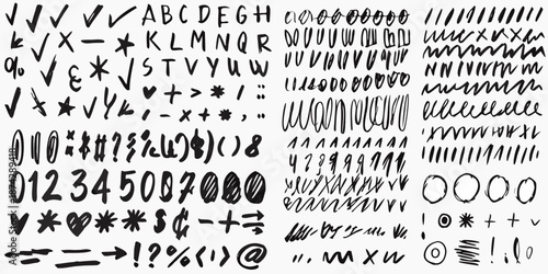 Fotografie A chaotic collection of handwritten letters numbers and various symbols