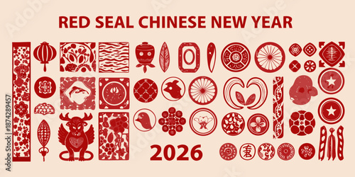 Red seal chinese new year decorations and traditional symbols with the year 2026