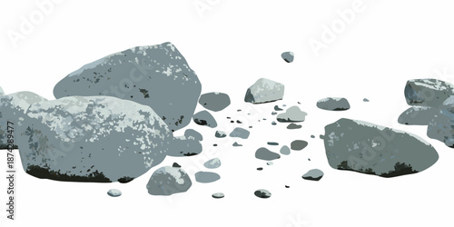 An assortment of gray rocks and stone fragments scattered against a white background