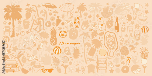 A vibrant collection of summer icons palm trees drinks and beach essentials