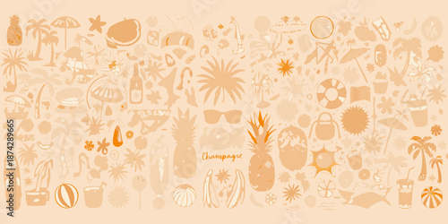 A vibrant collection of summer icons in a single warm orange tone