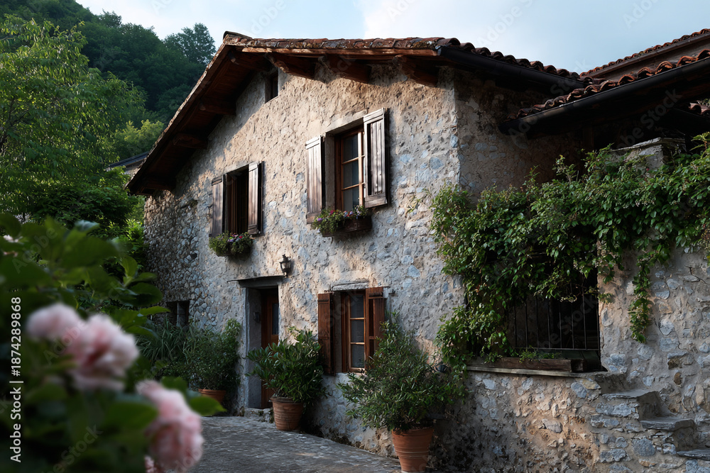 Fototapeta premium Rustic bed and breakfast nestled in a charming old building.
