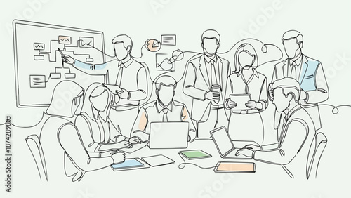 Diverse team collaborating on a business strategy presentation.