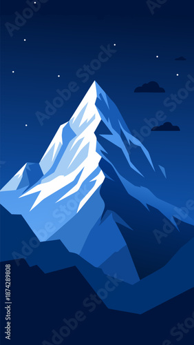 Majestic Mountain Peak in Deep Blue Night Sky Vector Illustration - Stunning Snowy Summit Scenery
