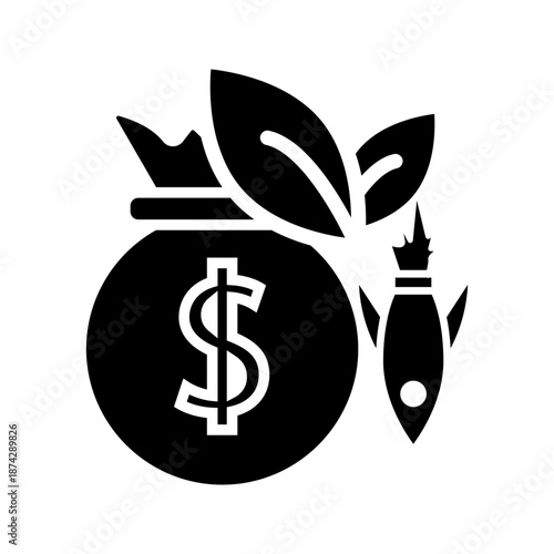 Minimal line icon depicting a money bag with leaves and a rocket launch, symbolizing investment growth, financial success, and rapid business expansion.