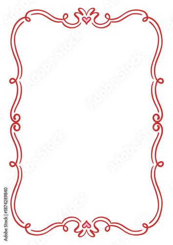 Decorative rectangular vintage frame with red curly line art and tiny hearts. Elegant romantic whimsical border for Valentine's Day, wedding invitations, or greeting cards. Vector illustration