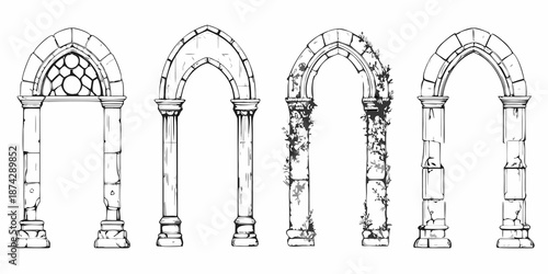 A collection of gothic arches detailed in a vintage monochrome style
