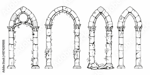 Detailed sketches of gothic arches with columns and varying levels of ruin