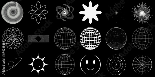 Abstract collection of mathematical shapes and forms in a monochrome style