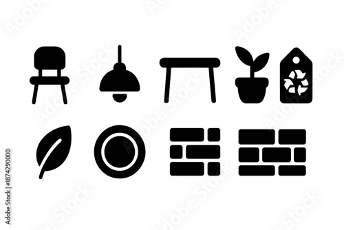 Home and garden silhouette icon set. Furniture, plants, eco decor silhouette collection