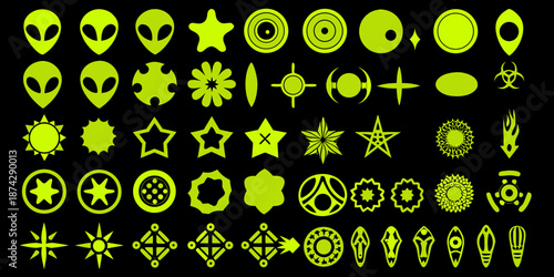 A collection of glowing neon green alien heads stars and various symbols