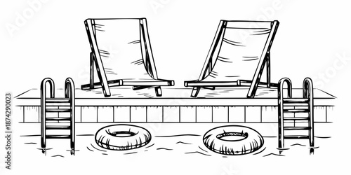 Sketch of two beach chairs by a swimming pool with floating rings