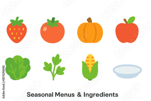Fruits and vegetables flat icon set. Seasonal produce flat icons collection