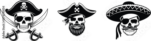 Black white pirate skull illustration set featuring crossed sabers bearded pirate skull and sombrero skull vector icons for branding