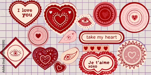 Collection of decorative heart shaped stickers on a light purple grid background