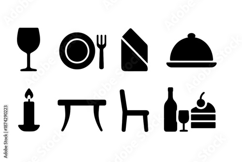 Food and drink silhouette icon set. Dining, beverage, kitchen tools silhouette collection