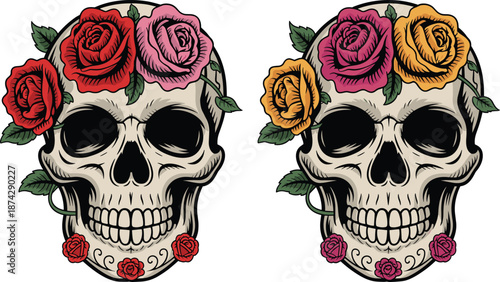 Colorful floral skull illustration set featuring rose crown sugar skull designs in vibrant tones vector art for tattoo and branding
