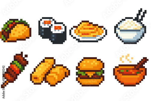 Pixel food icon set. Delicious pixel art icons for culinary projects and menus.