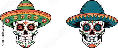 Colorful Mexican sugar skull illustration set with sombrero hats floral face patterns vibrant Day of the Dead vector art design