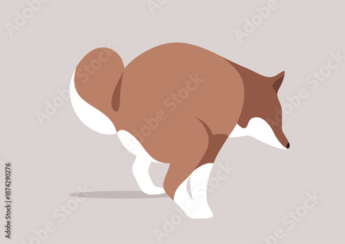 A funny dog happily squatting to relieve itself, surrounded by grass, radiating joy and energy on a bright, sunny day in a park