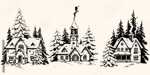 A charming winter scene depicting snow covered houses and a church steeple