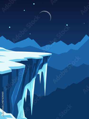A stunning vector illustration of a cold, icy cliff edge under a starry night sky with a crescent moon