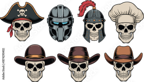 Colorful skull character illustration set featuring pirate knight chef and cowboy hat skulls detailed vector icons for branding and apparel