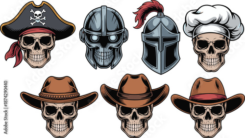 Colorful skull character illustration set featuring pirate knight chef and cowboy hat skulls vector icons for t-shirt branding design