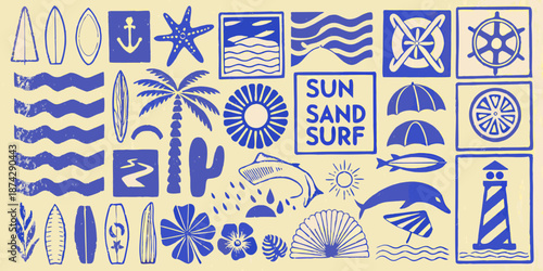 A collection of nautical and tropical themed icons in blue and beige