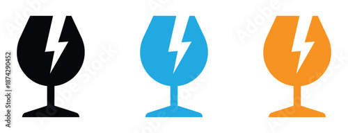 Electric wine glasse. Fragile glass icons with crack symbol representing breakable materials, product safety, caution handling, shipping care, and packaging warning in variations.