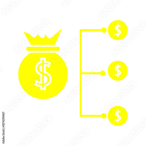 Outline icon of a money bag connected to dollar symbols, representing cash flow, investment growth, financial network, and business expansion.