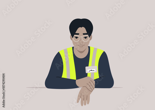 A dedicated individual wearing a high visibility vest with a transparent eye frame is focused on tasks in a well-lit, contemporary workspace, showcasing safety and professionalism