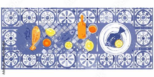 A colorful still life featuring fish citrus and a bottle on patterned tiles