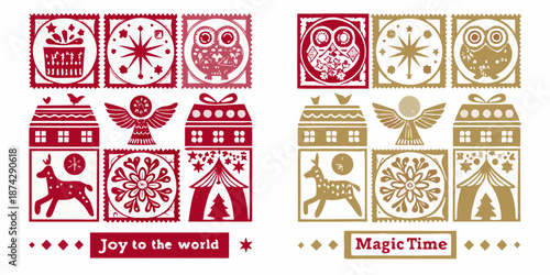 Decorative christmas stamps and motifs in red and gold patterns