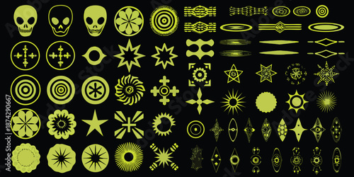 A collection of glowing neon green alien heads symbols and geometric shapes